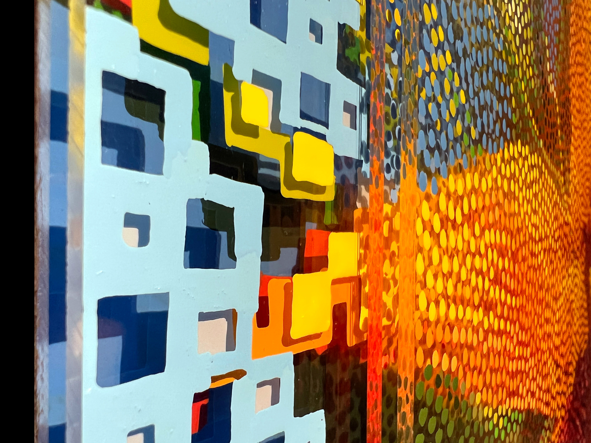 Rise And Shine – Graphic squares meeting sunflower Neo-Pointillist dots on layered plexiglass