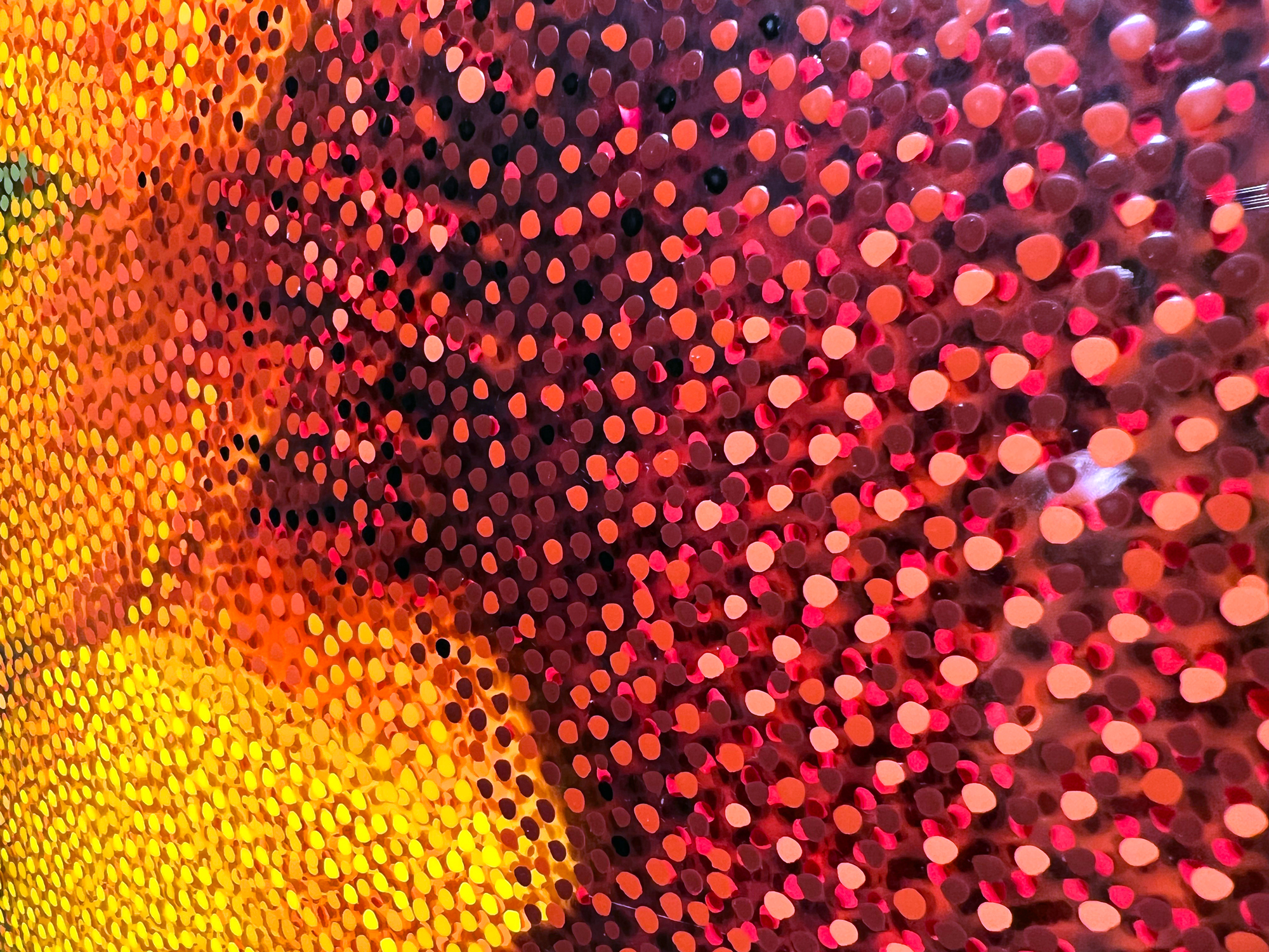Rise And Shine – Close-up of orange, red, and yellow Neo-Pointillist dots in the sunflower center