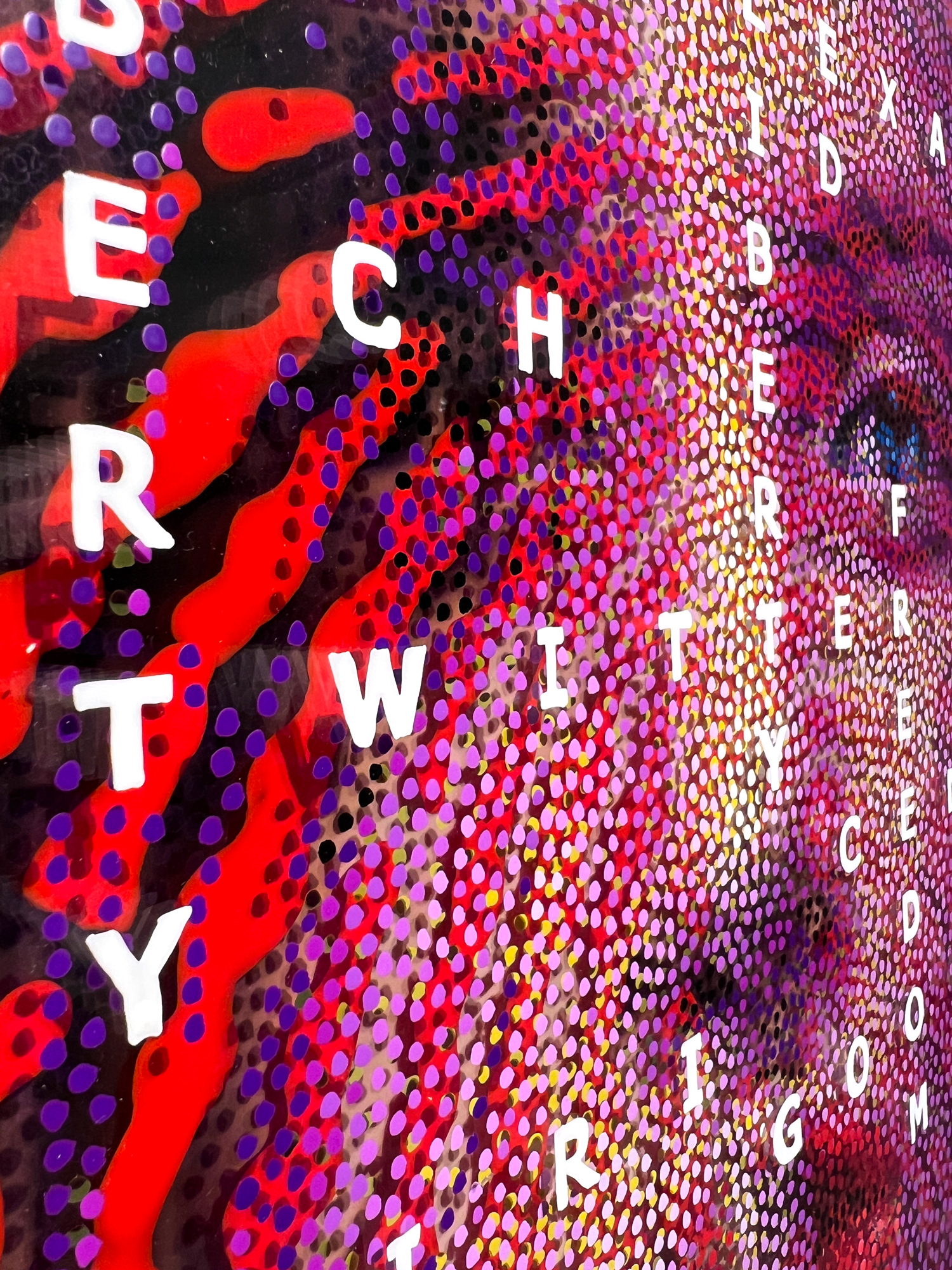 Shhhh! – Close-up of white lettering over red and purple Neo-Pointillist dots