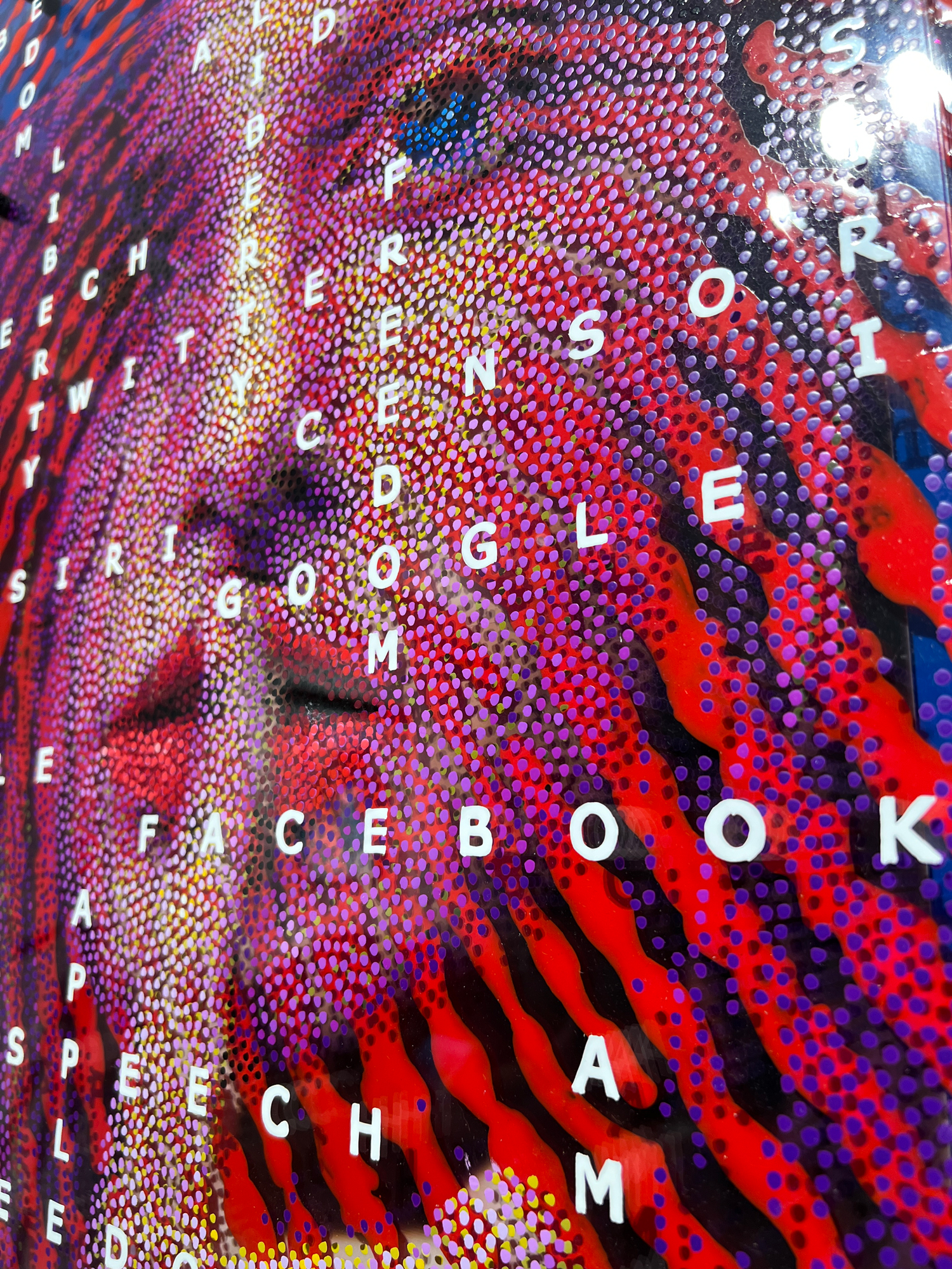 Shhhh! – Detail of face and text on layered Neo-Pointillist plexiglass