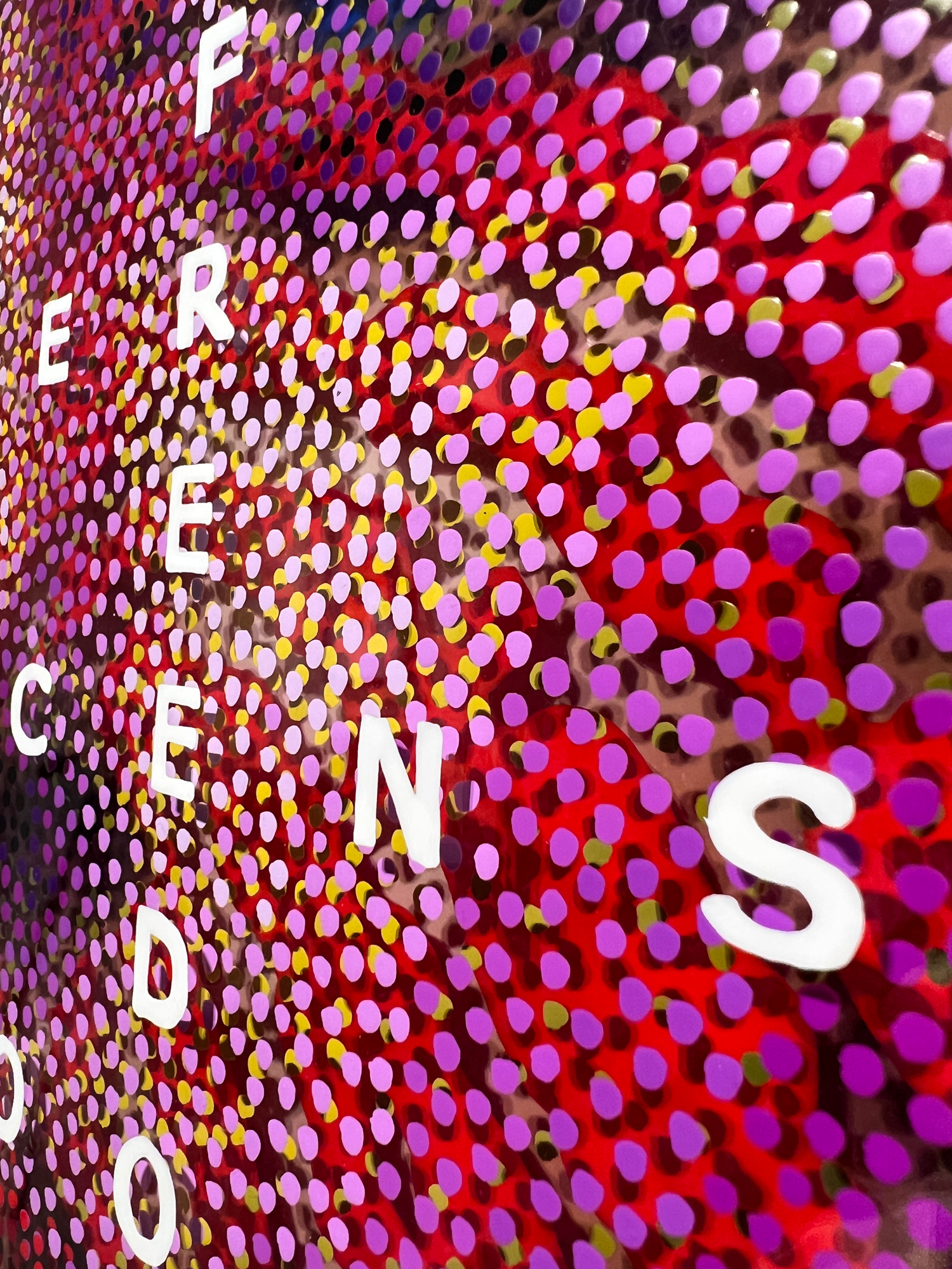 Shhhh! – Extreme close-up of painted letters and colored dots on plexiglass