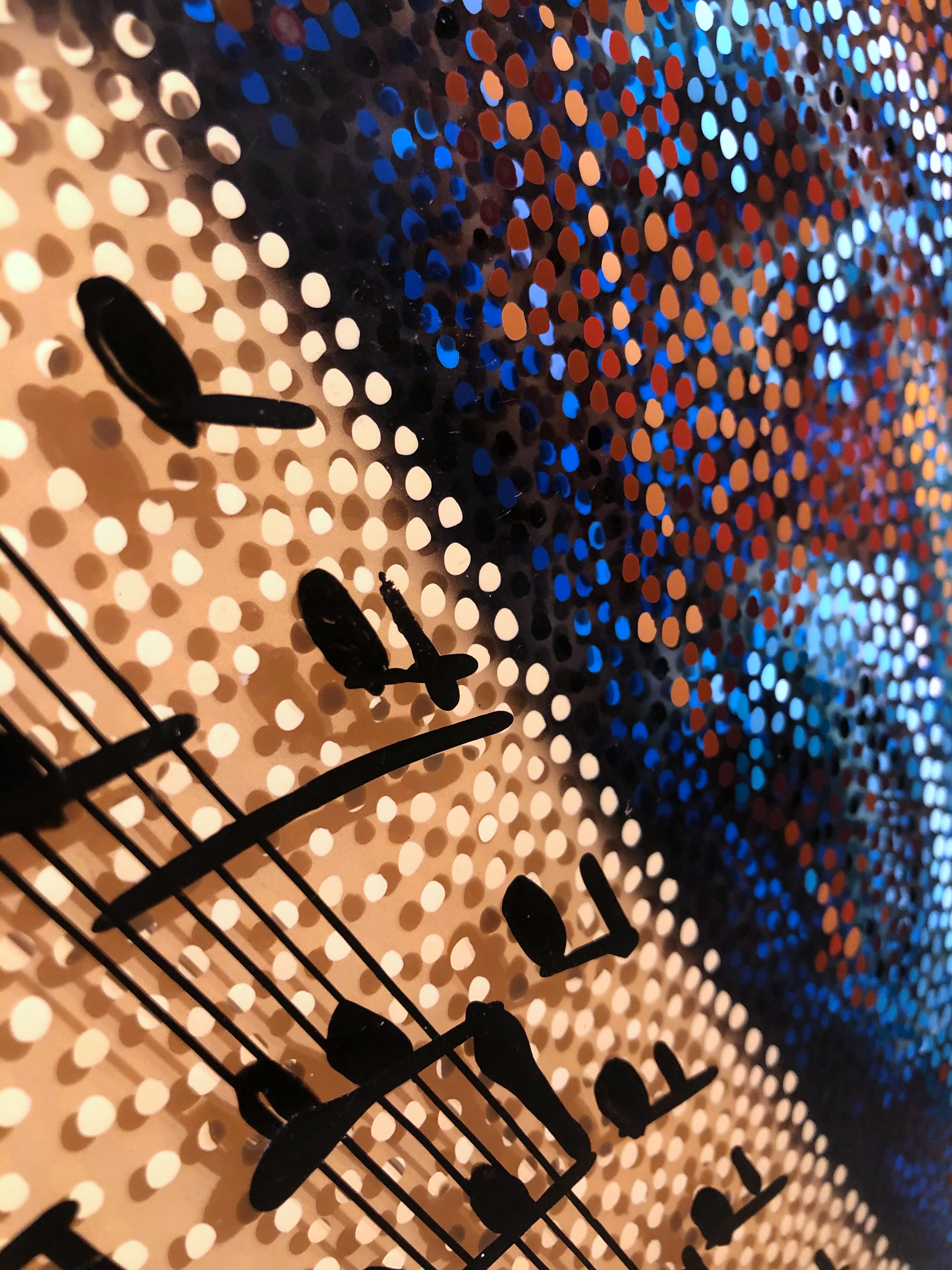 Volto Musica – Close-up of painted notes over Neo-Pointillist dots