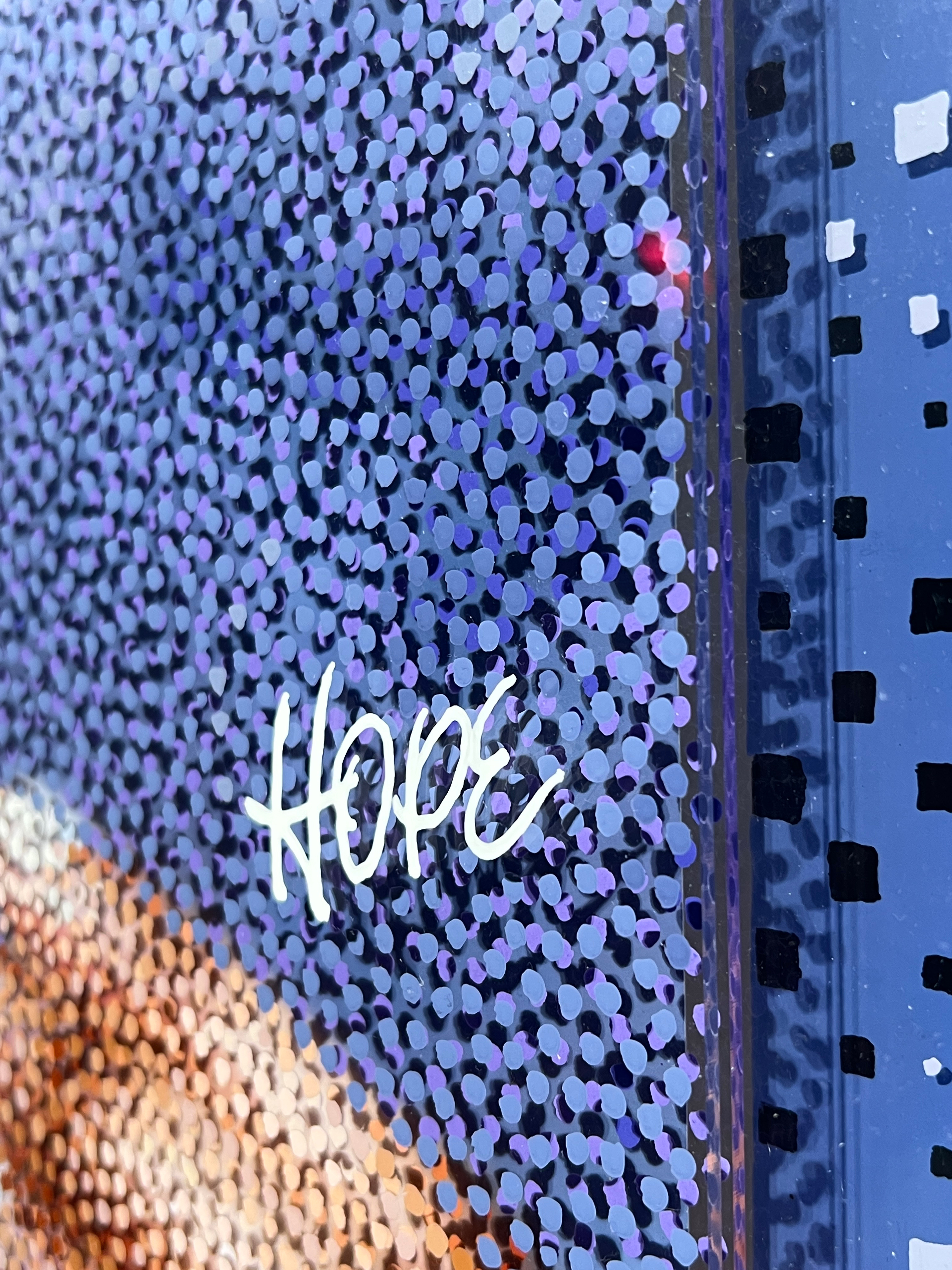 Chemo – Detail of HOPE lettering over purple Neo-Pointillist dots on plexiglass