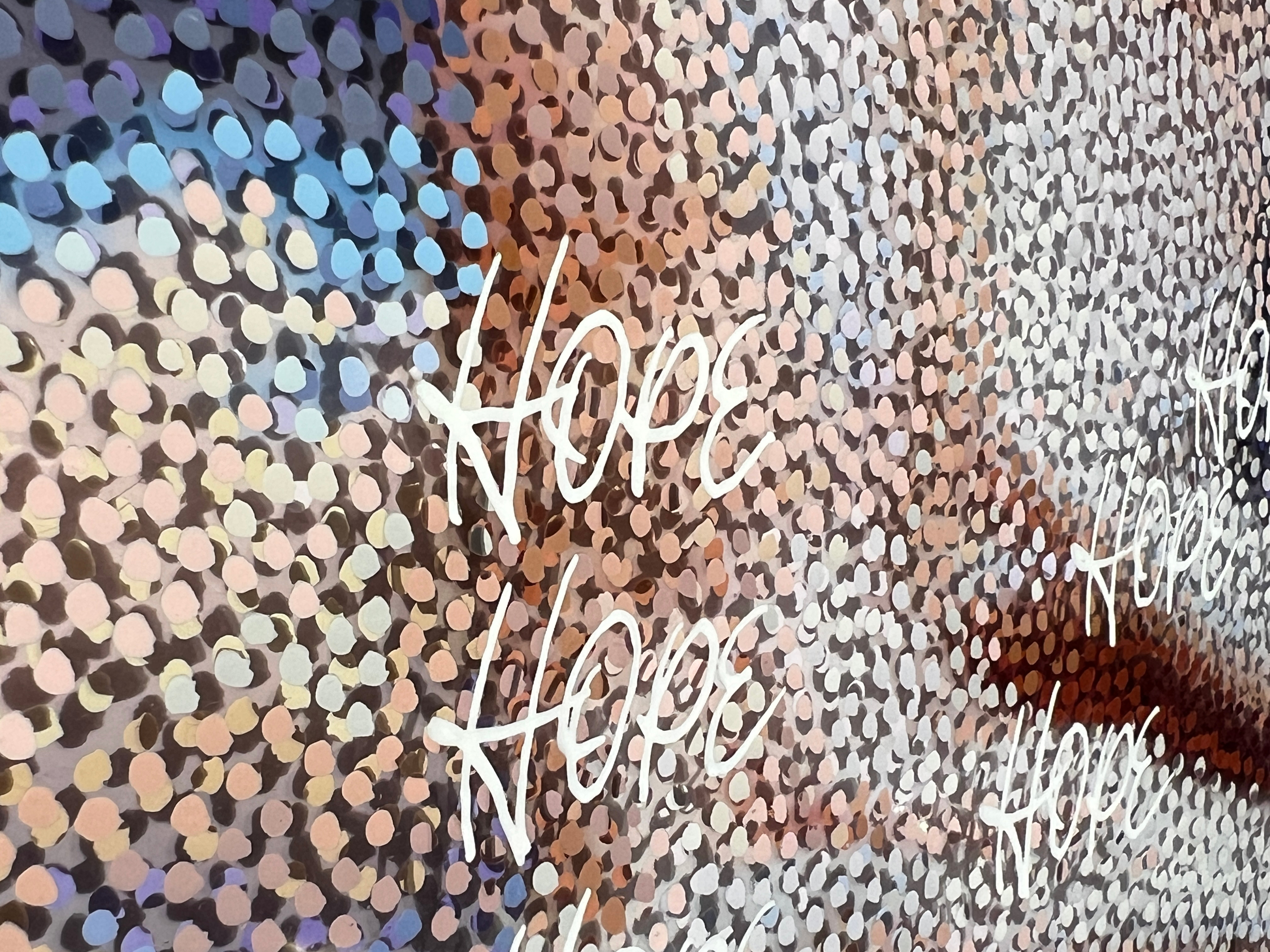 Chemo – Close-up of HOPE lettering across layered Neo-Pointillist color fields