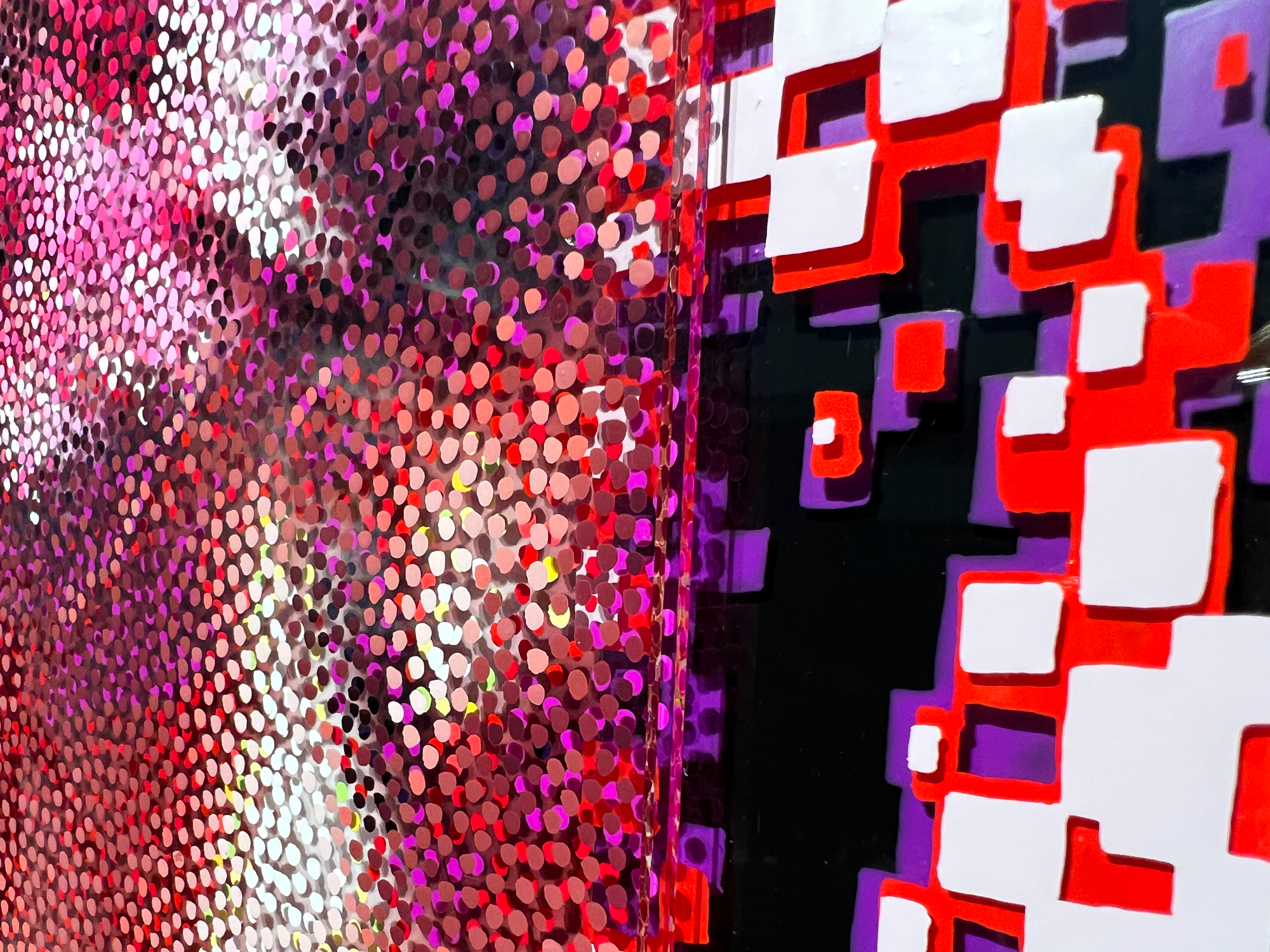 Echoes of Gauguin – Layered plexiglass edge with dots meeting white and red graphic squares