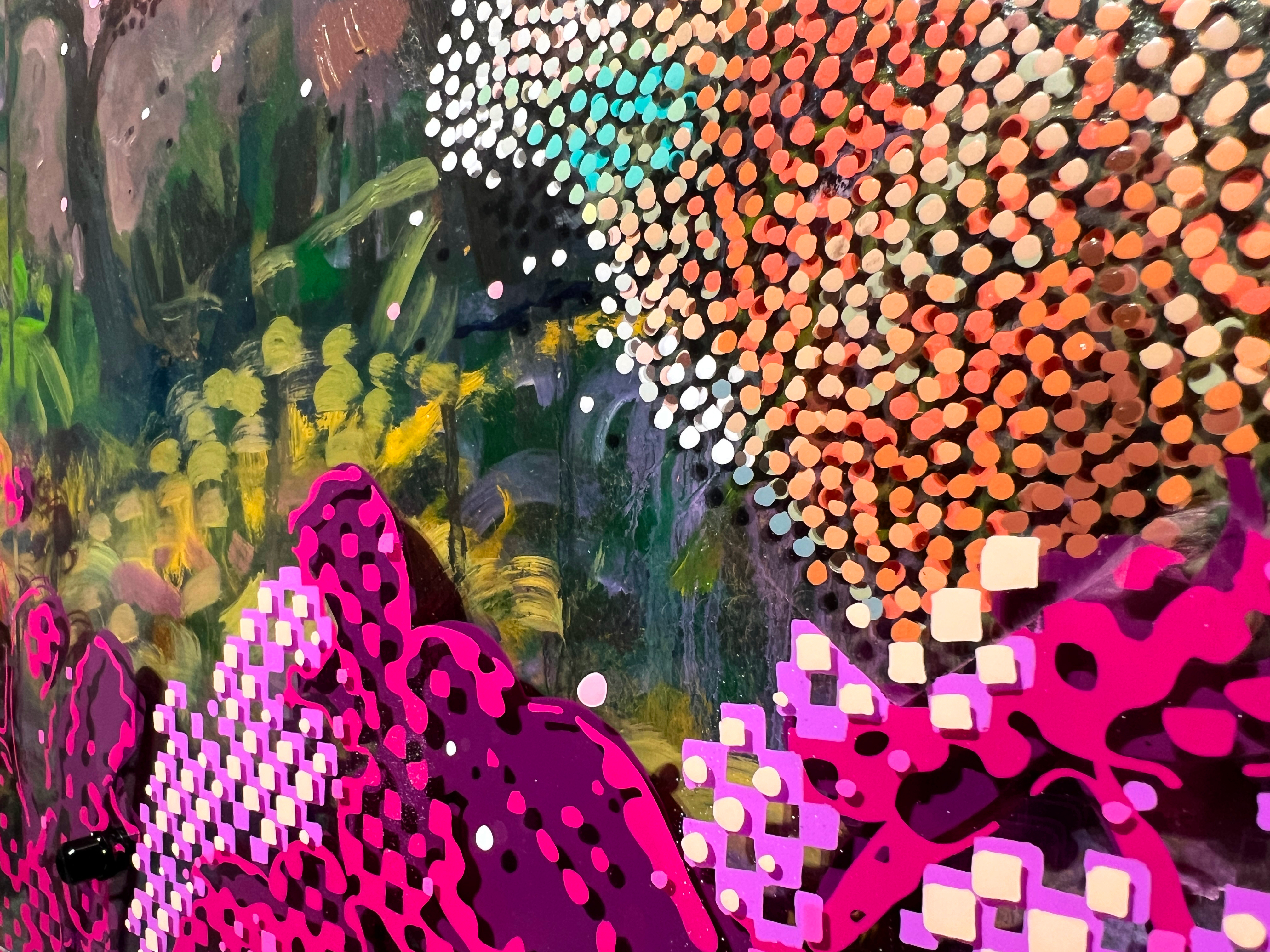 Fairy – Detail of magenta graphic shapes and orange Neo-Pointillist dots over green forest brushwork