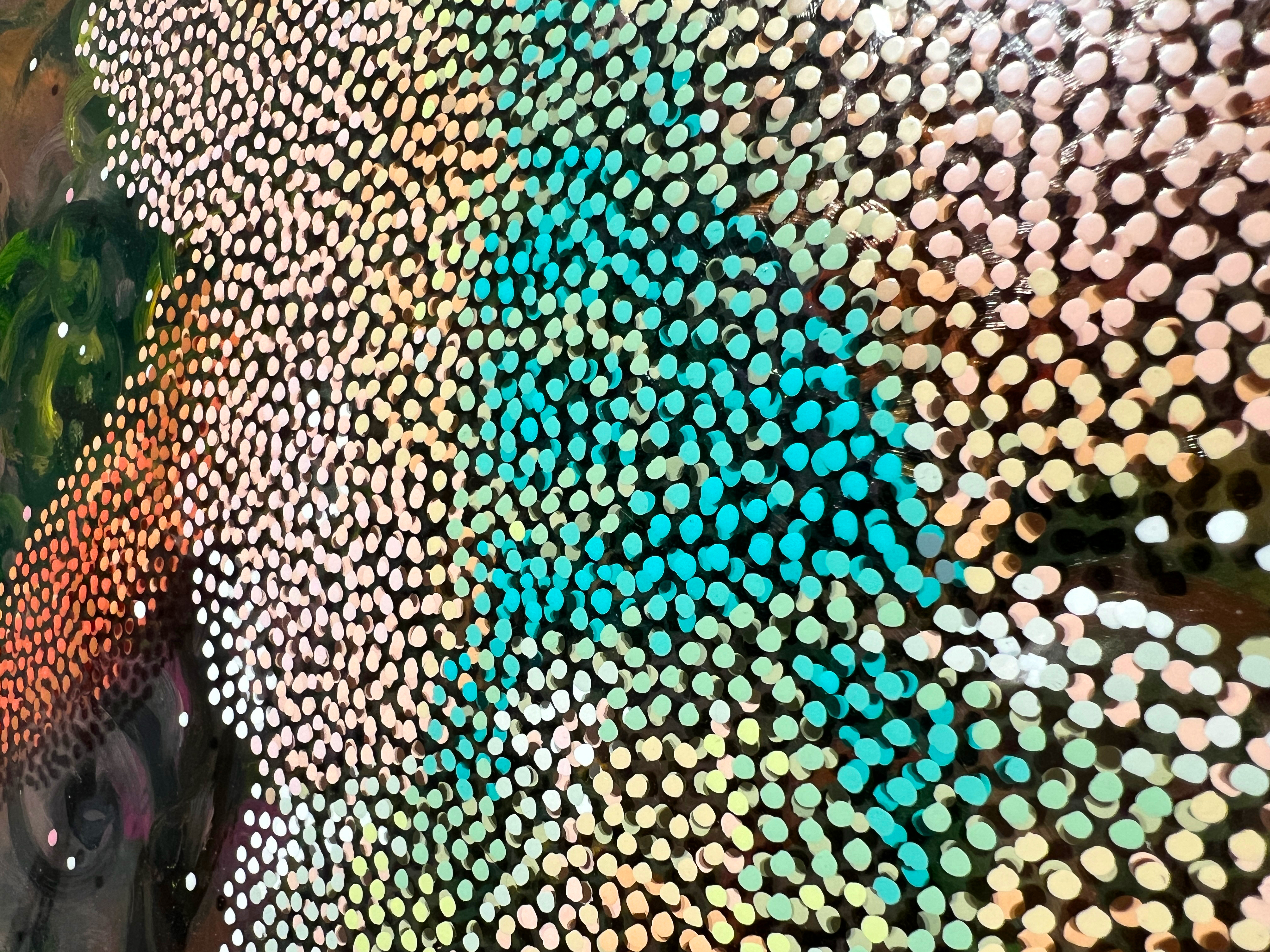 Fairy – Close-up of teal, peach, and white Neo-Pointillist dots on layered plexiglass