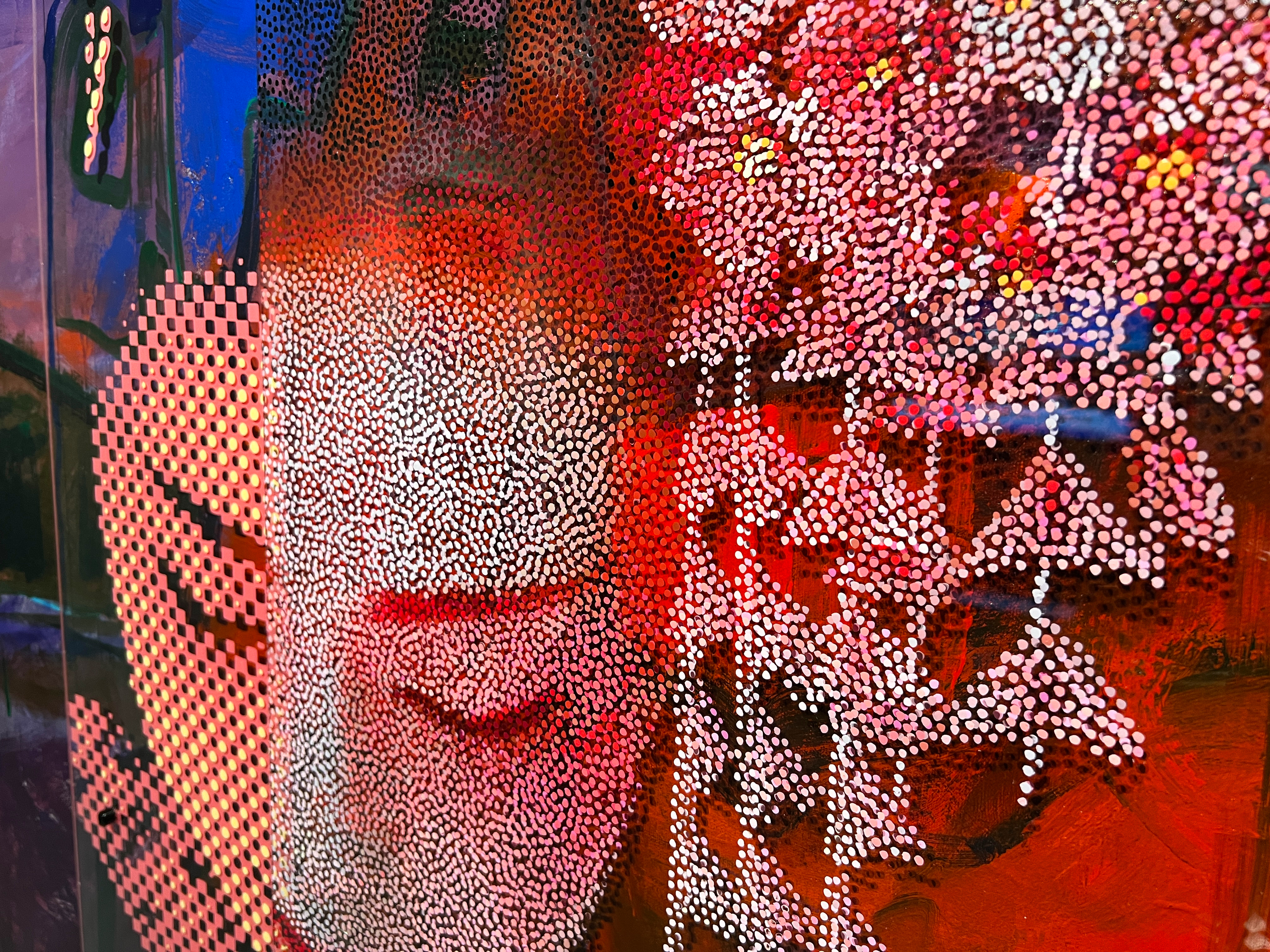 Geisha – Detail of dotted face and floral pattern over Jean Banas abstract painting
