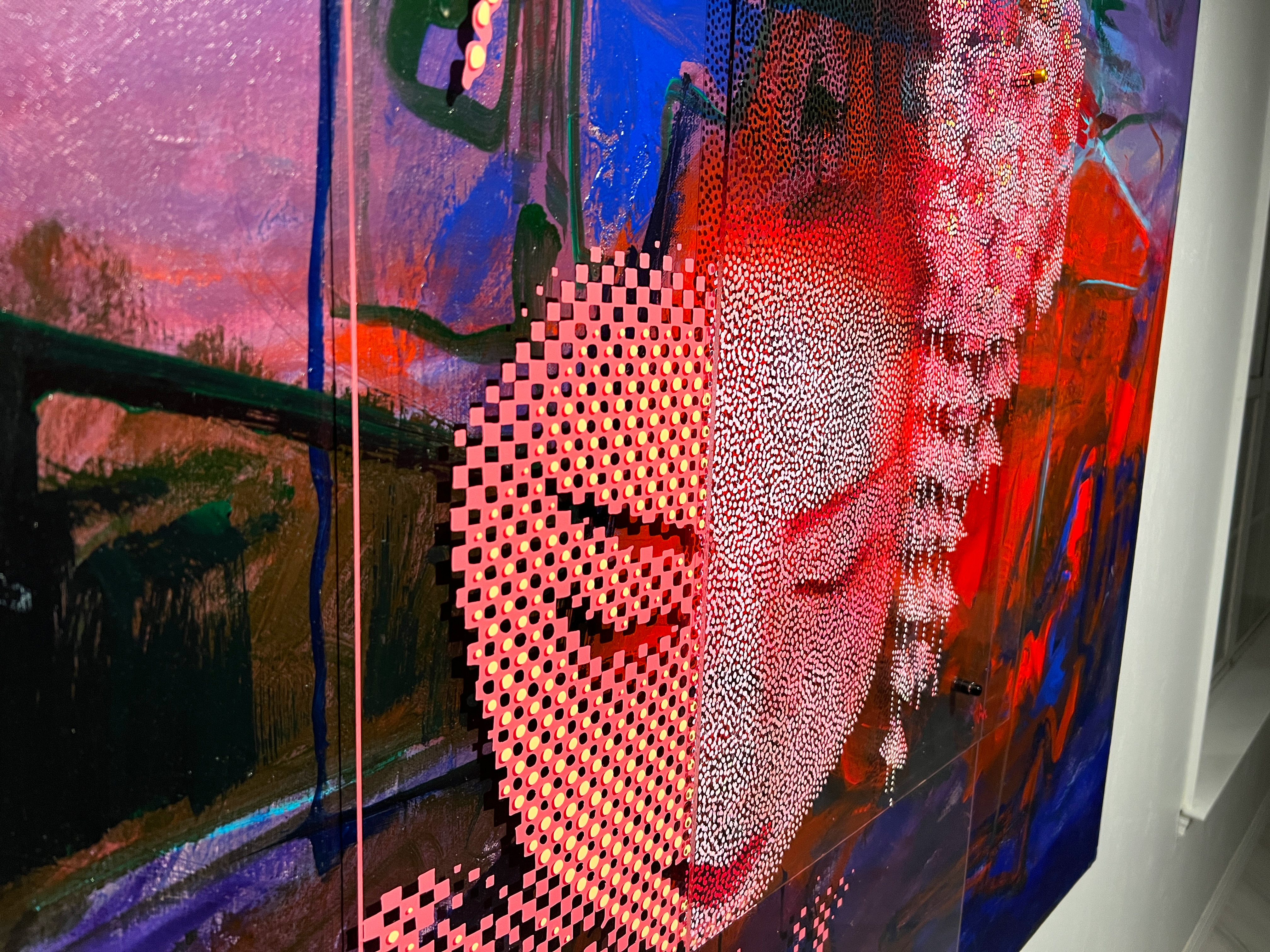 Geisha – Side angle showing pink graphic motif and layered plexiglass over abstract color field
