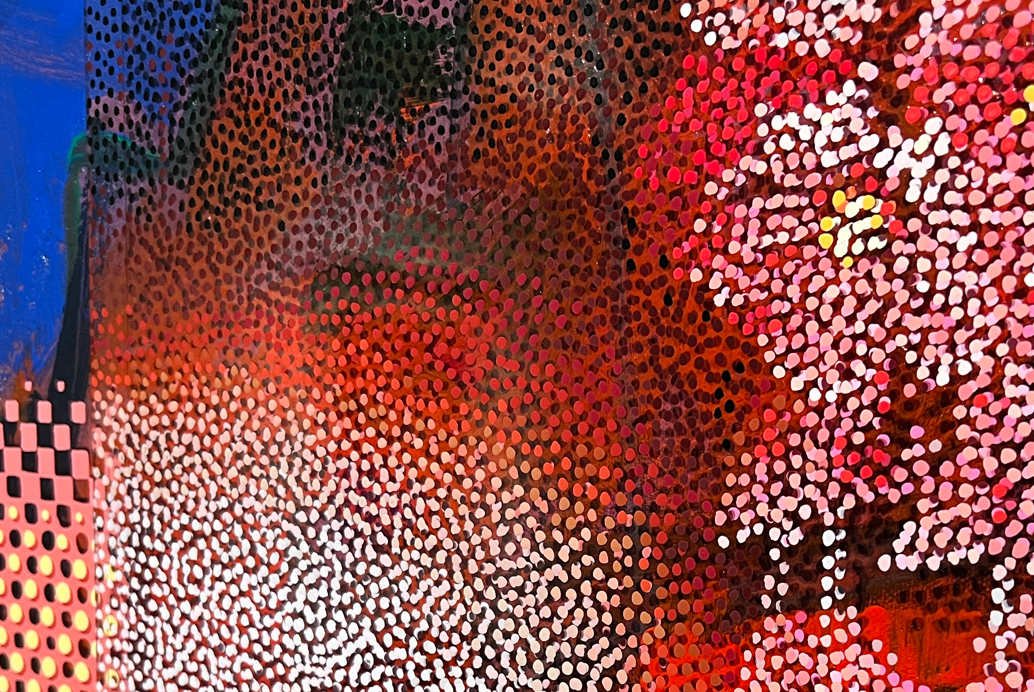 Geisha – Close-up of orange, pink, and white Neo-Pointillist dots on layered plexiglass