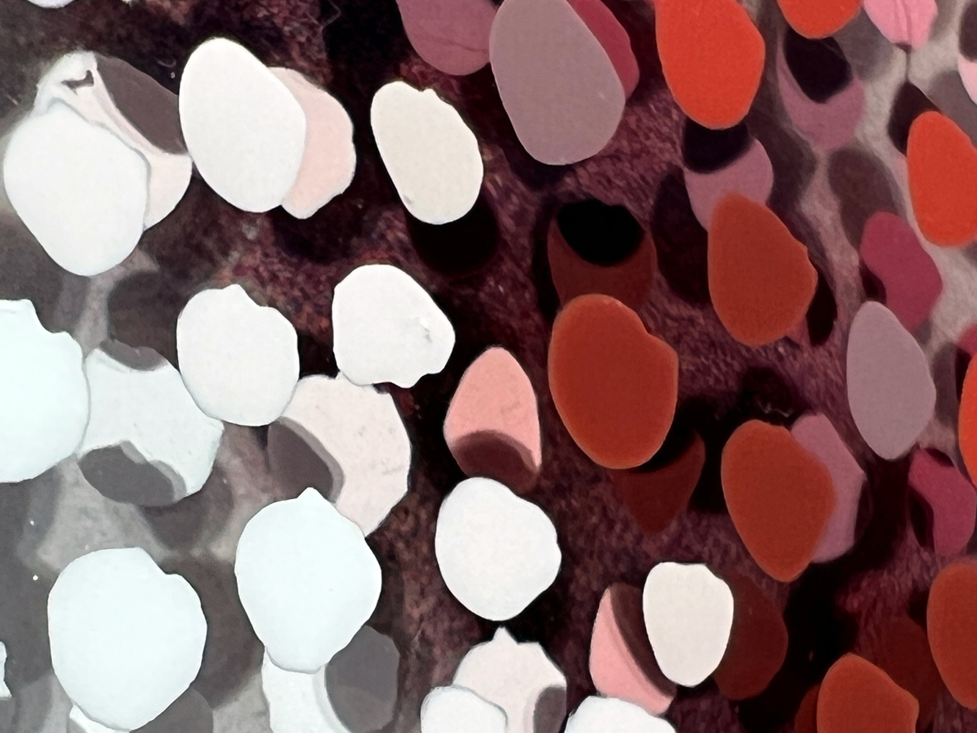 Marilyn In Silk – Extreme close-up of white, pink, and orange Neo-Pointillist dots