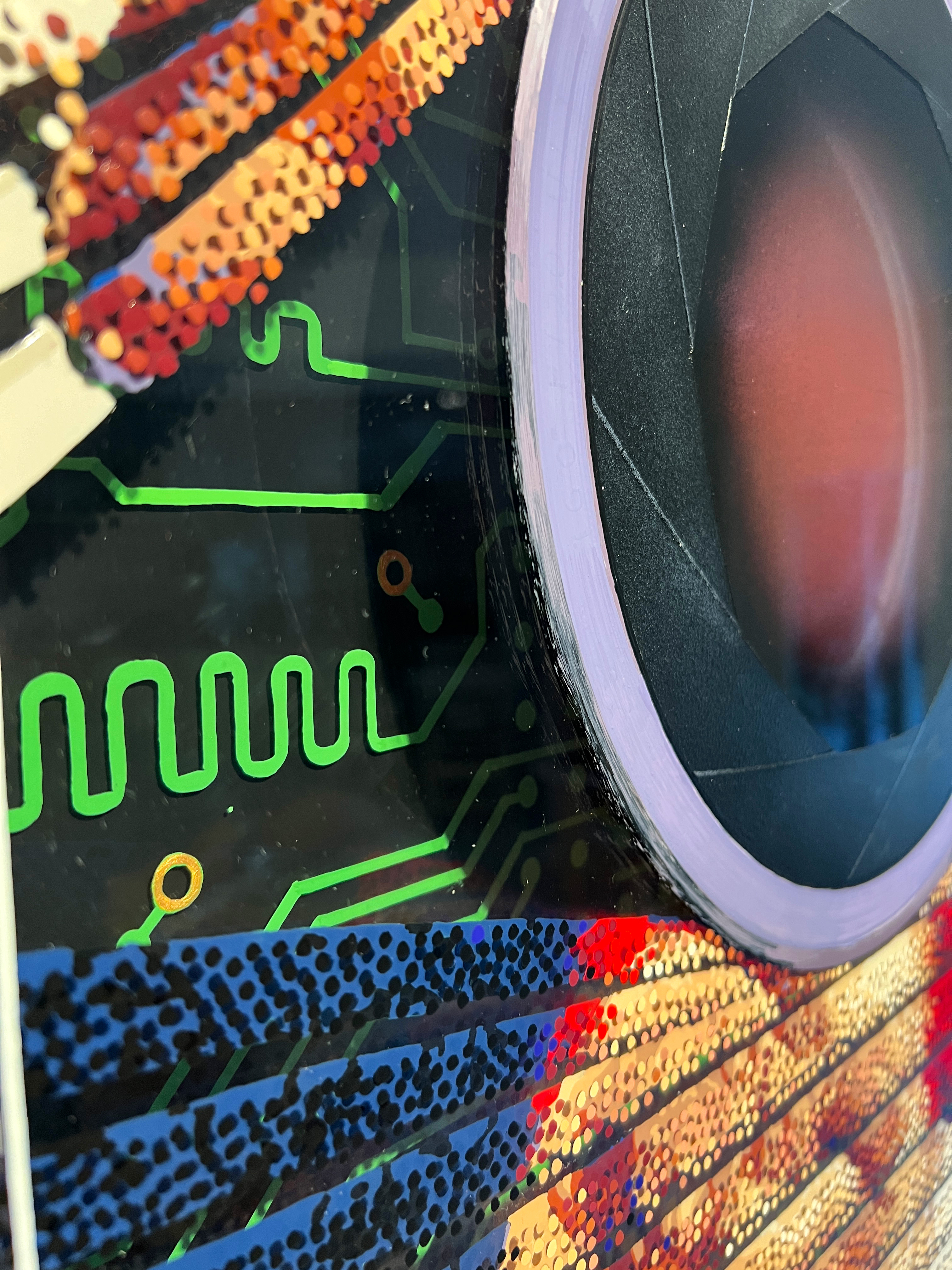 Oz – Close-up of circuit pattern, lens edge, and Neo-Pointillist dots