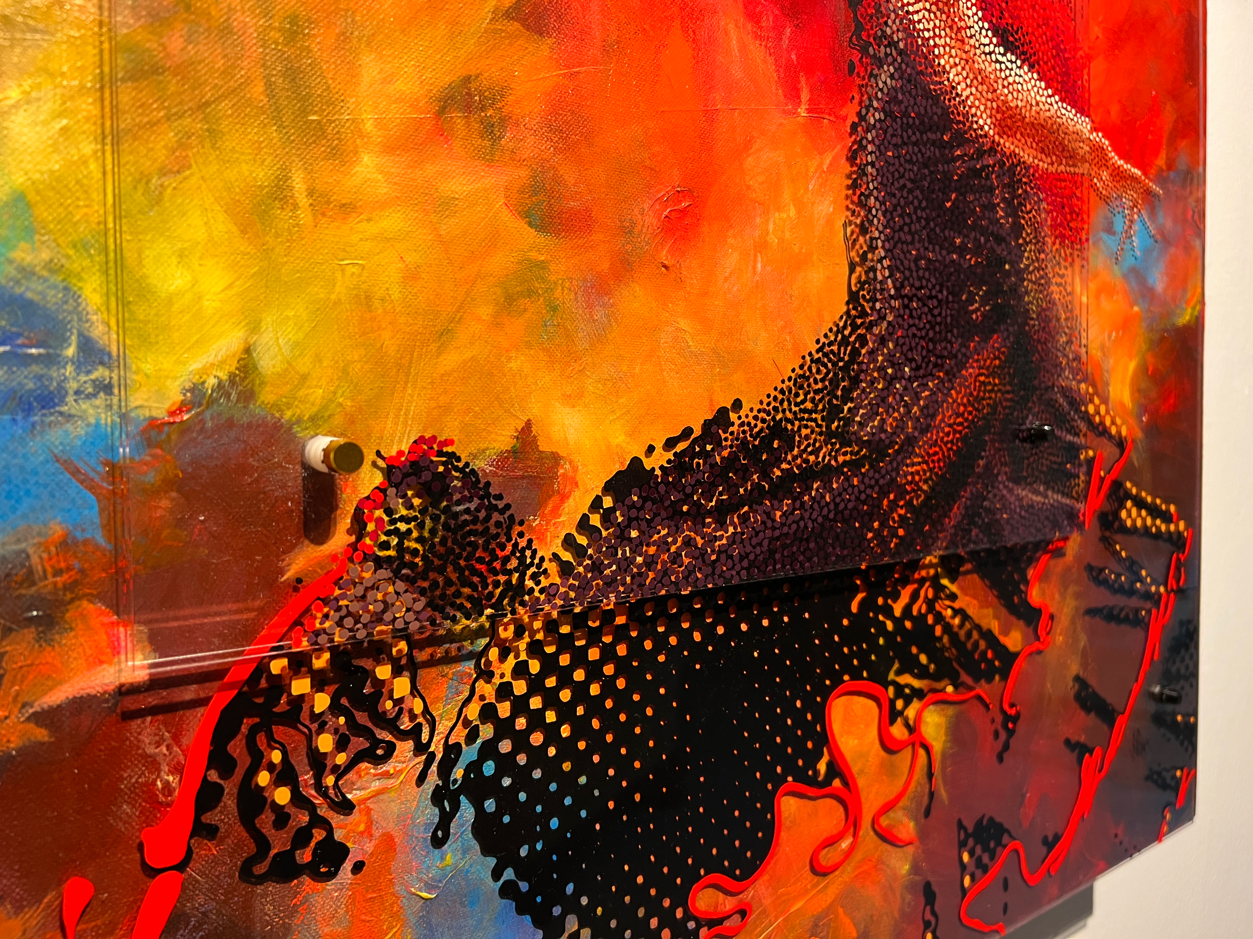 Red Sky Dancer – Side angle of dancer silhouette on layered plexiglass over luminous orange sky