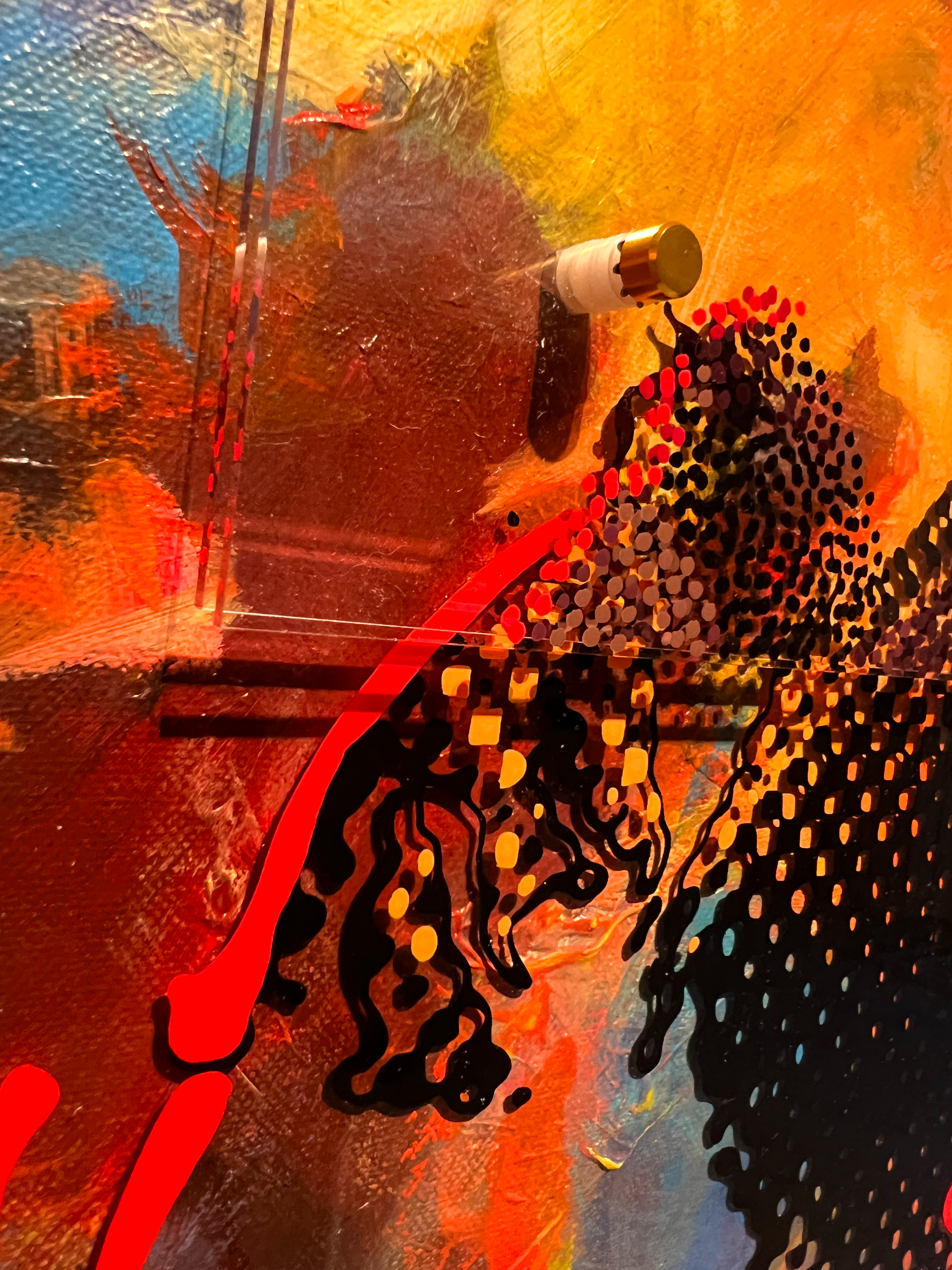 Red Sky Dancer – Detail of plexiglass spacer, red graphic line, and dotted figure over nebula-like background
