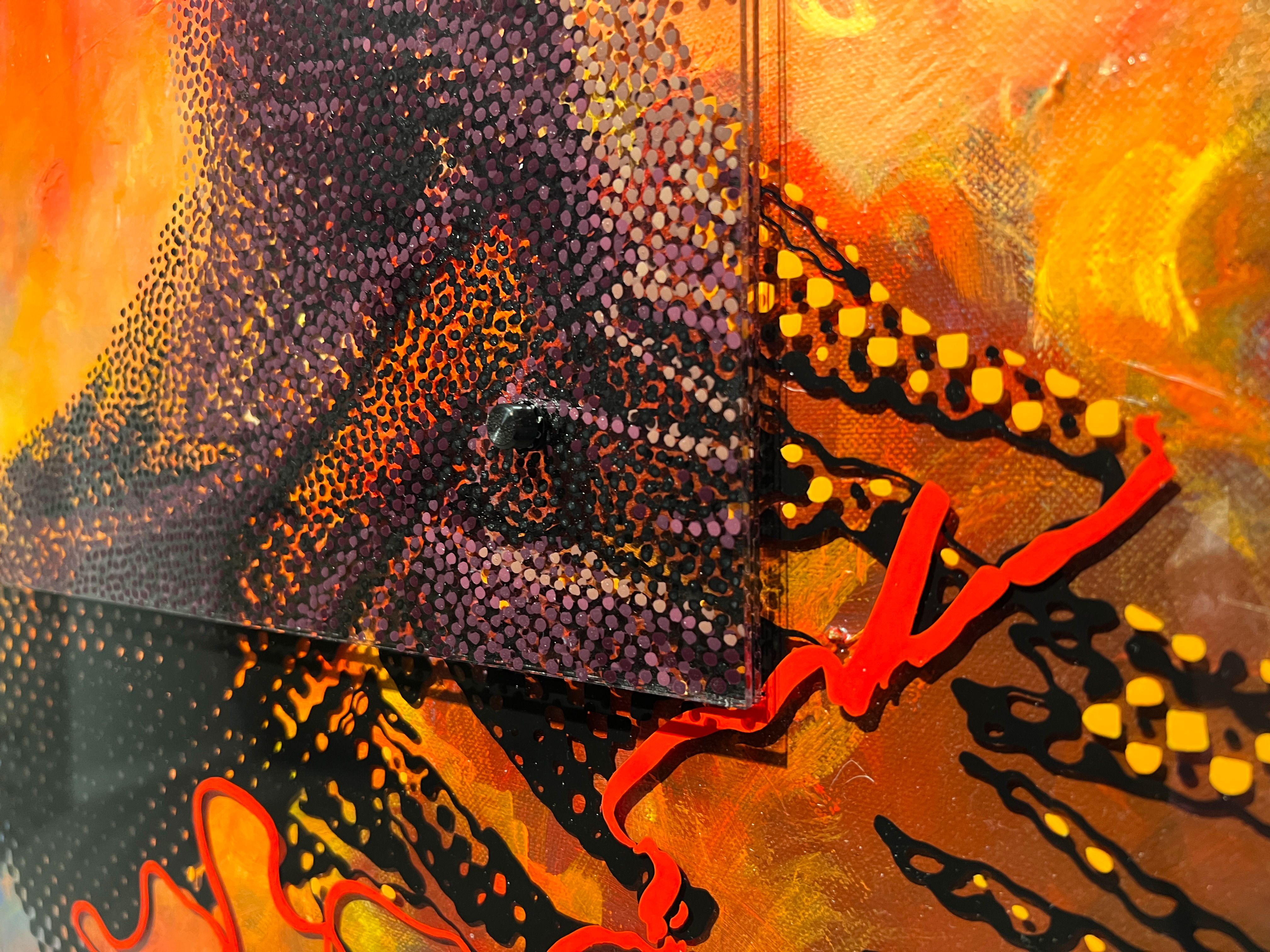 Red Sky Dancer – Close-up of layered plexiglass edge, mounting post, and purple-red Neo-Pointillist dots