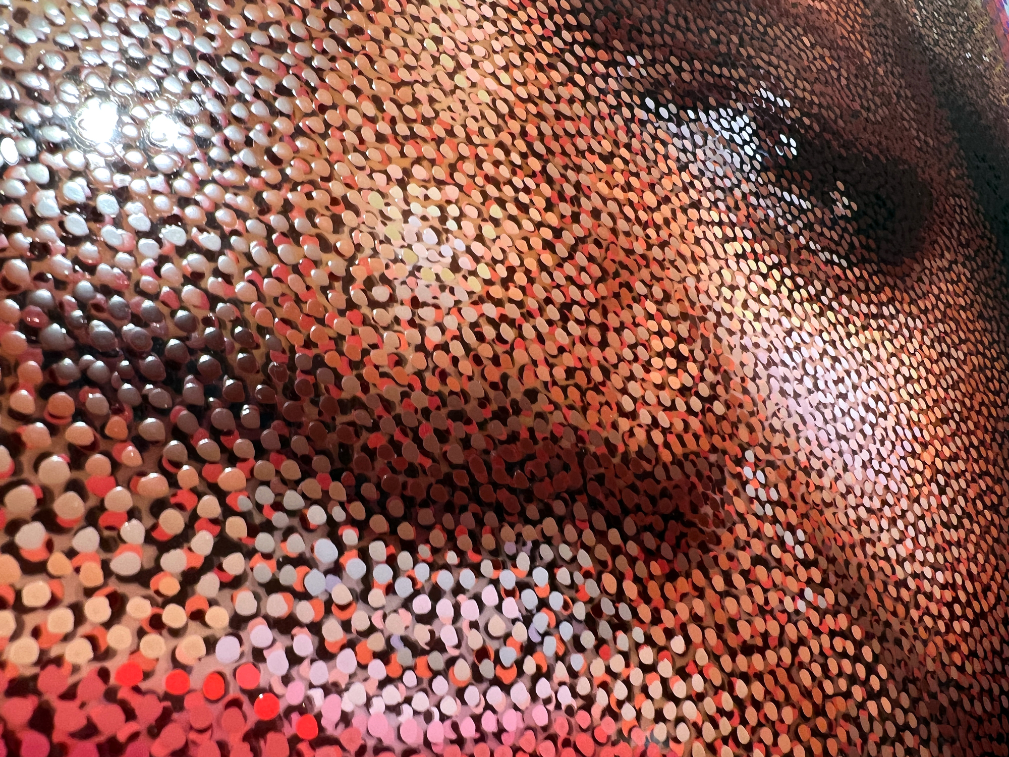 Richlin Ryan – Close-up of peach, brown, and white Neo-Pointillist dots on plexiglass