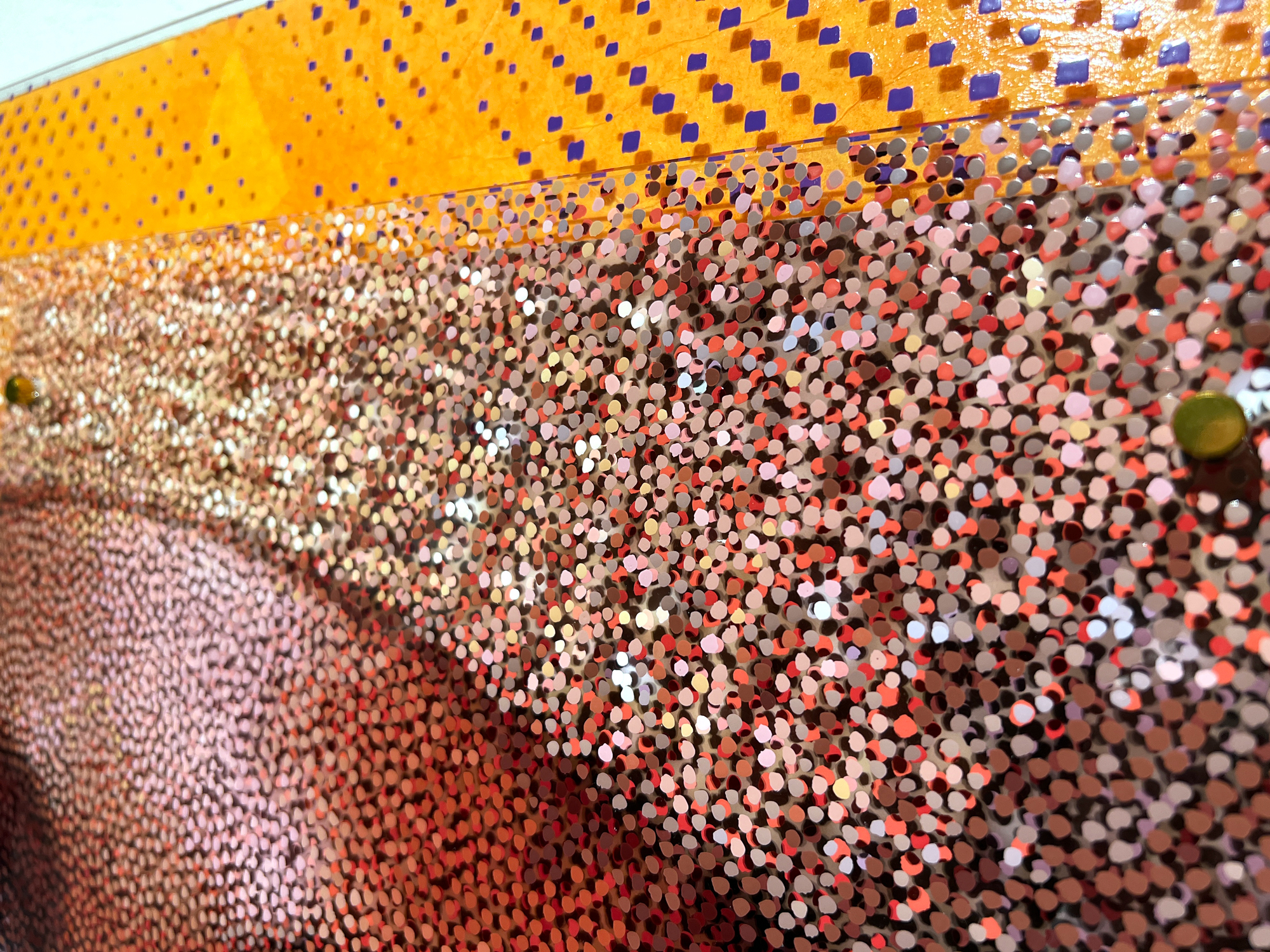 Richlin Ryan – Layered plexiglass edge with portrait dots under a yellow graphic border