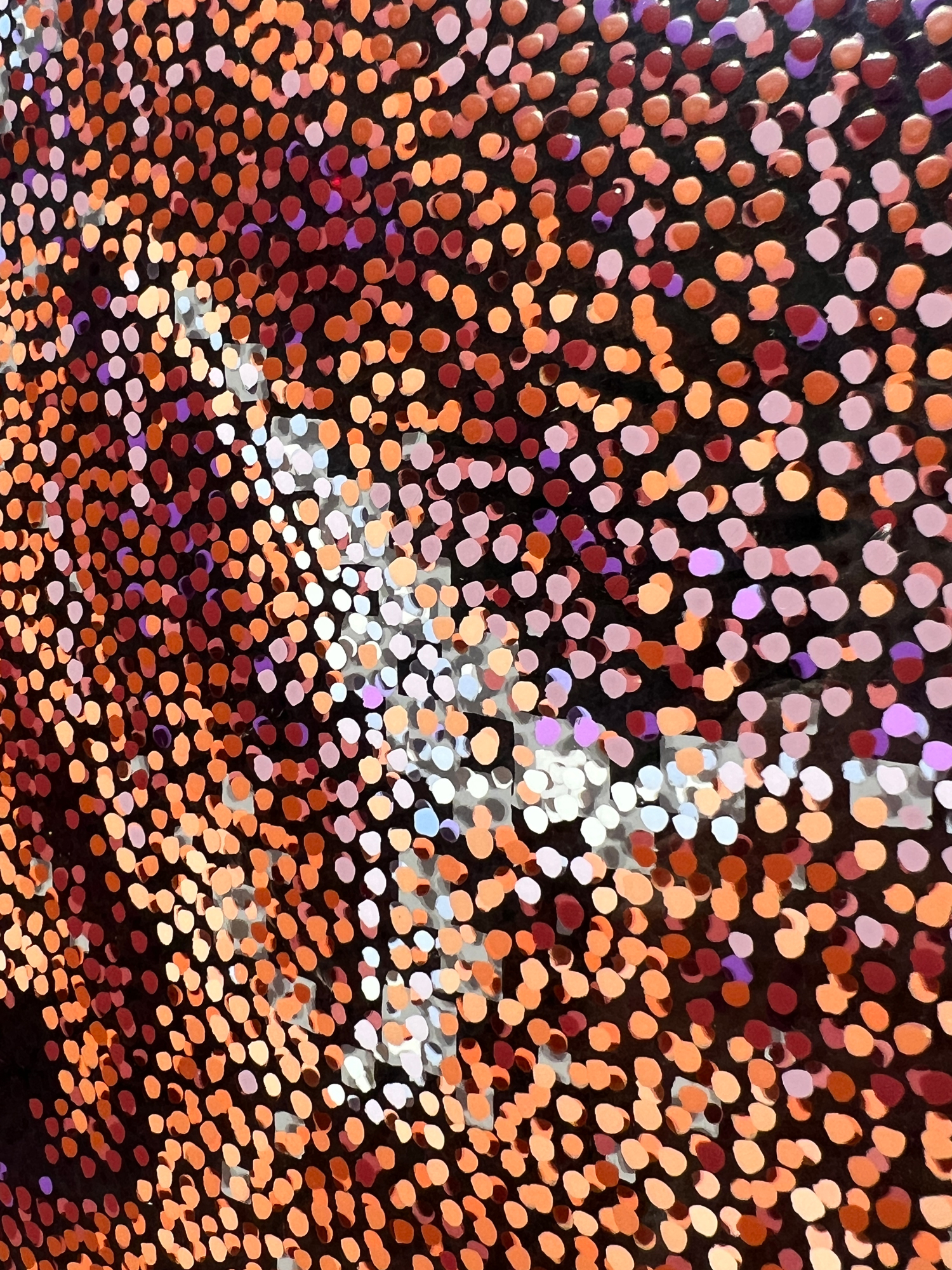 Smooch – Detail of Neo-Pointillist dots in orange, pink, and white on layered plexiglass