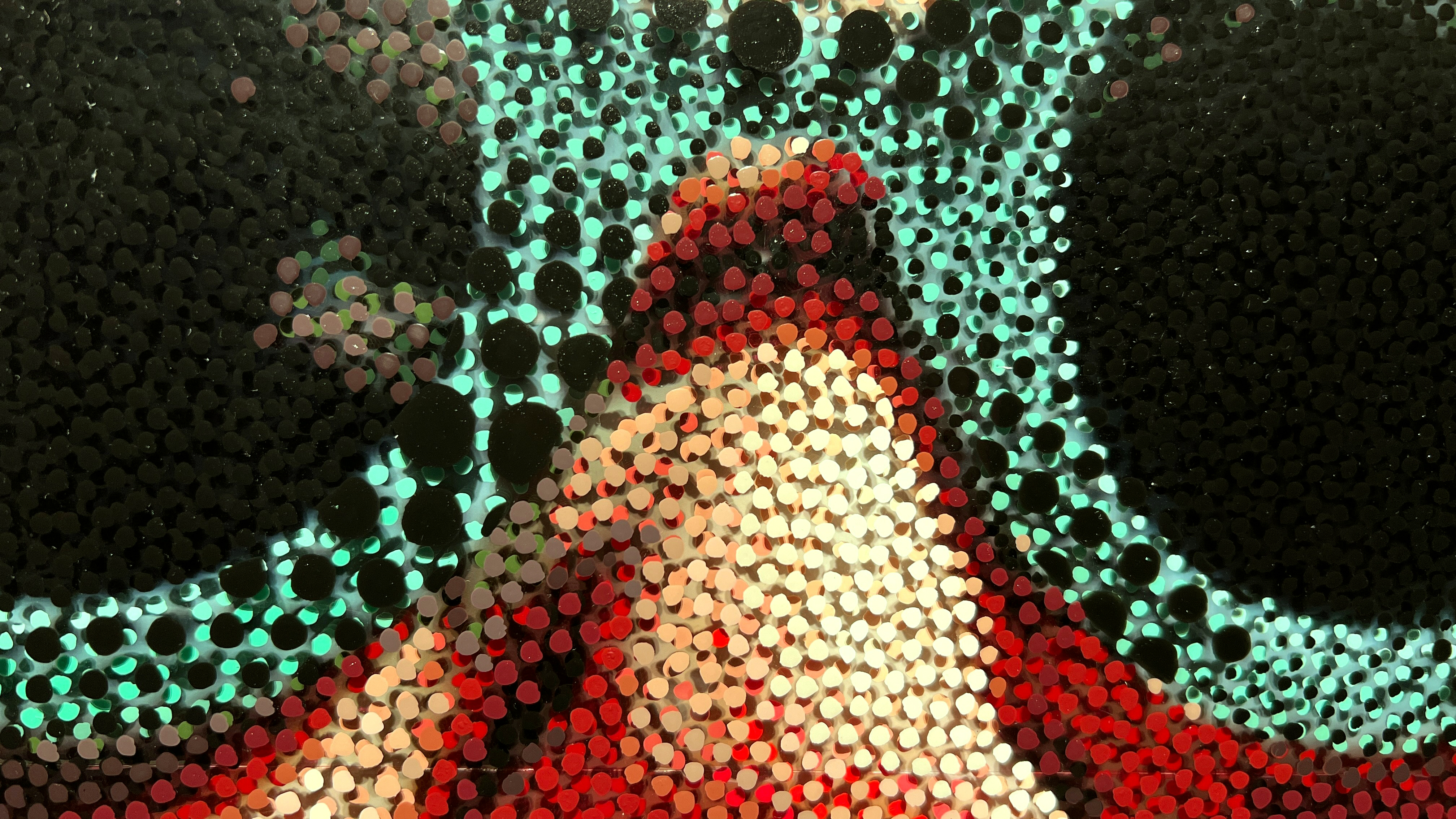 Yayoi Kusama – Detail of figure in red and cream dots against teal and black field