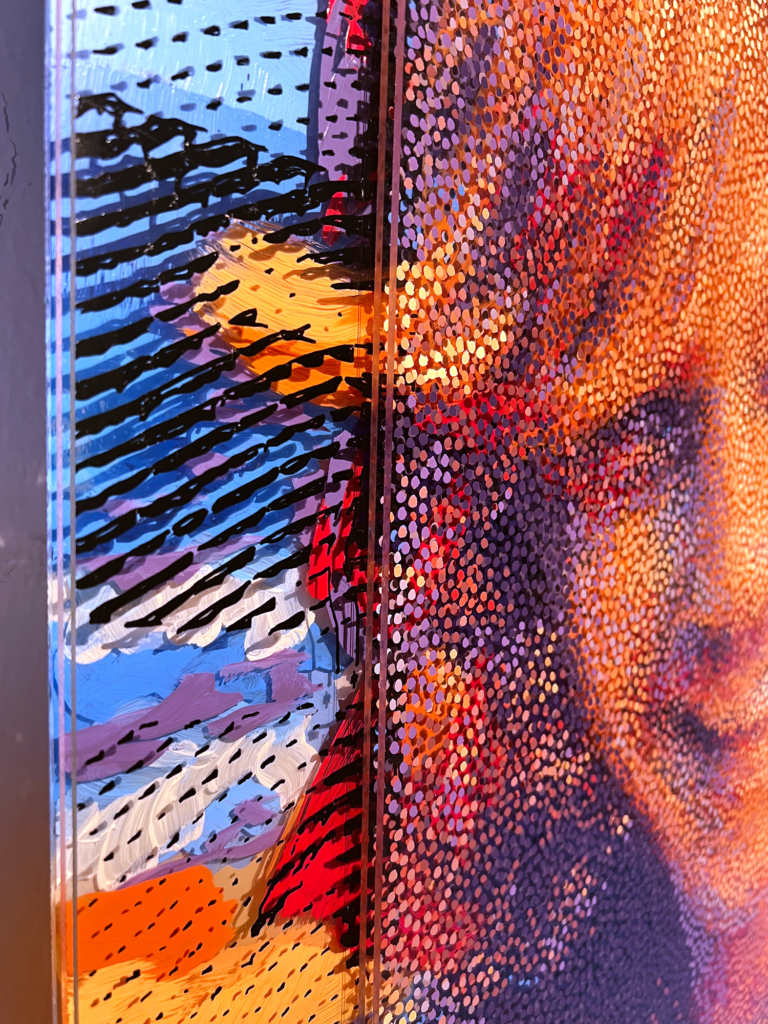 Young Gun – Detail of Neo-Pointillist dots and etching marks on plexiglass