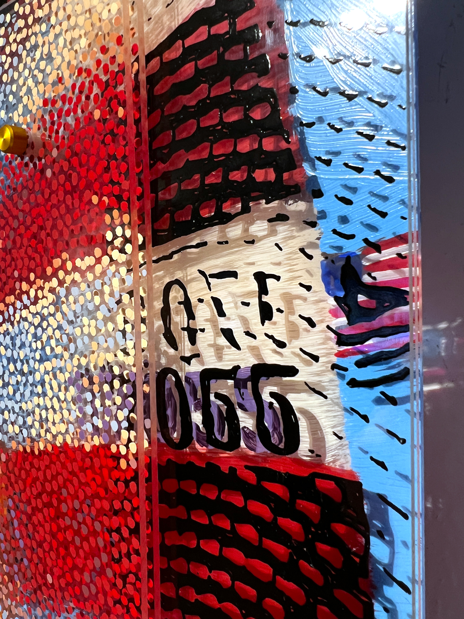 Young Gun – Detail view of kinetic 3D effect in Neo-Pointillist painting