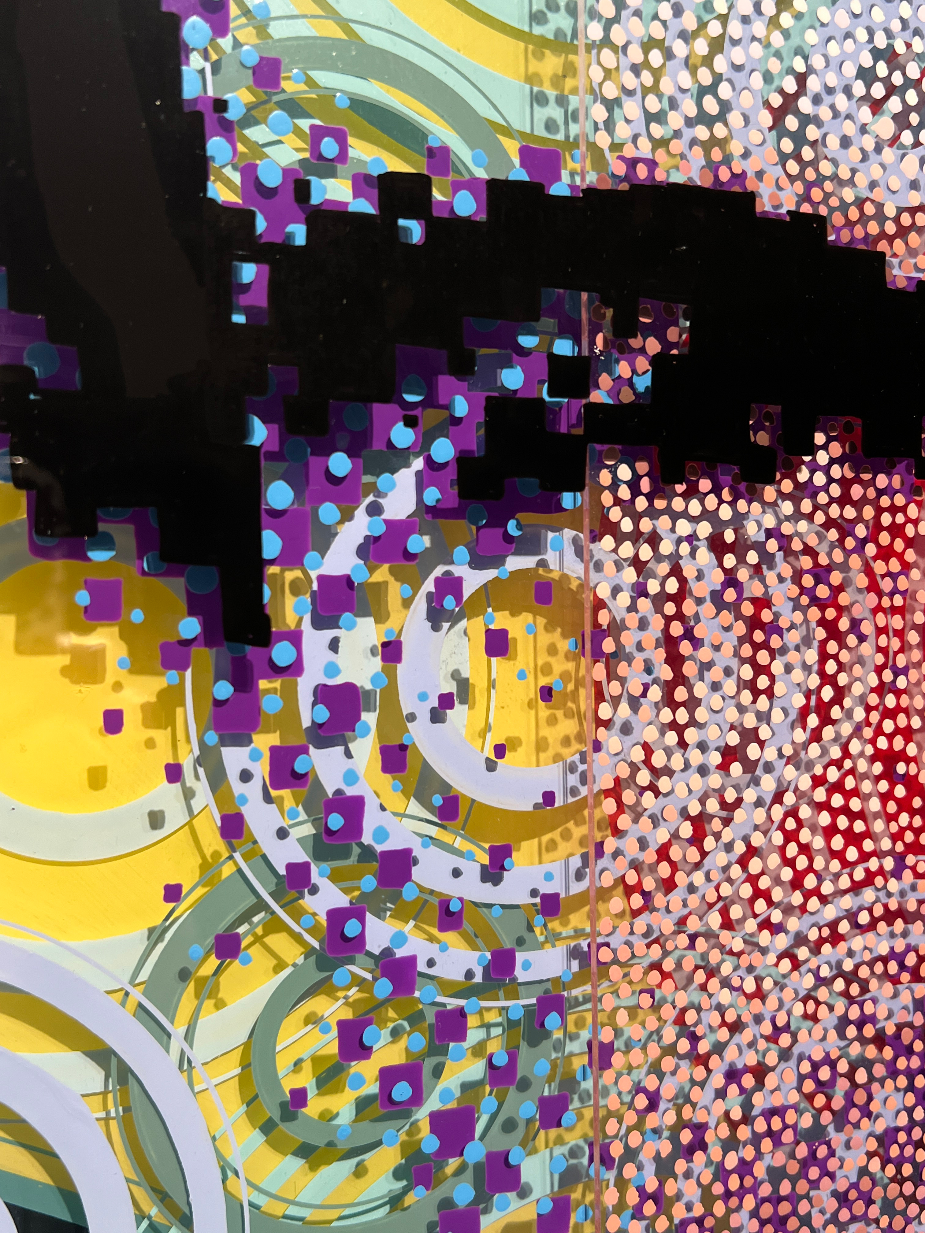Young Jim Shirk – Close-up of purple squares, blue dots, and layered plexiglass patterns